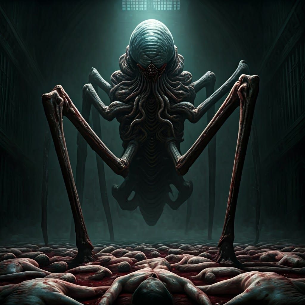 Gothic Horror Icon Towers Over Flayed Victims in Dark, High-...