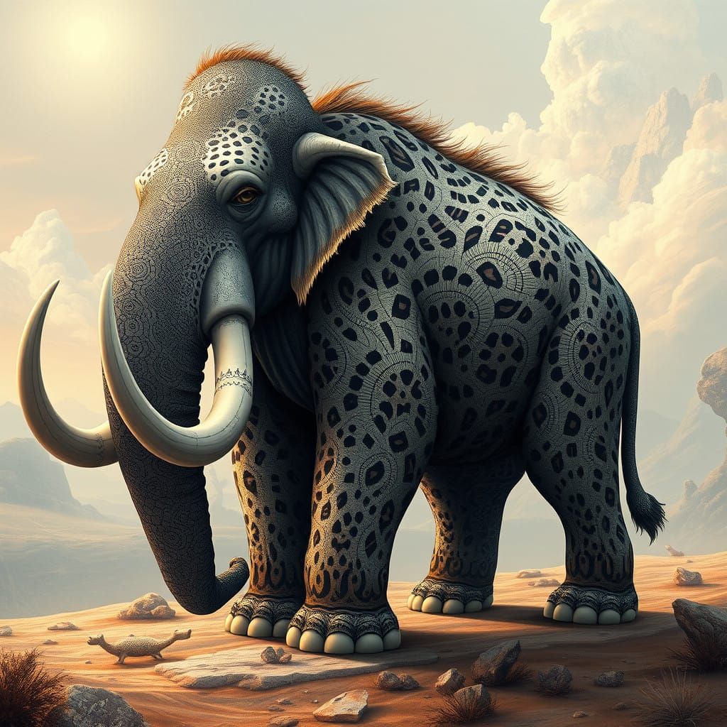 Majestic Mammoth with Leopard Spots in Dreamlike Landscape