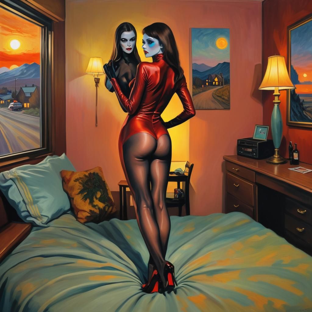 Vampiric Woman in Motel Room as Van Gogh Oil Painting
