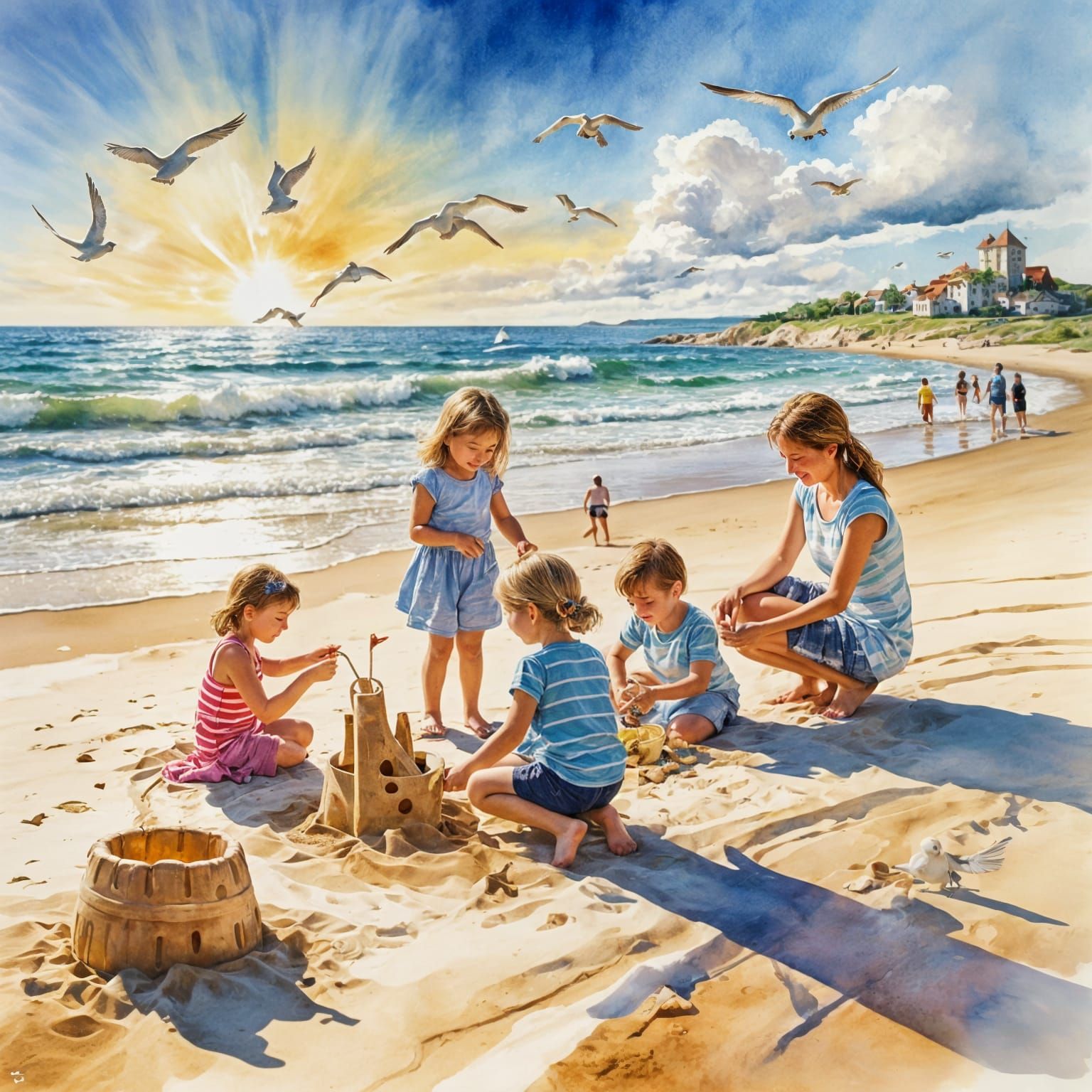 Warm Family Beach Scene in Vibrant Watercolor