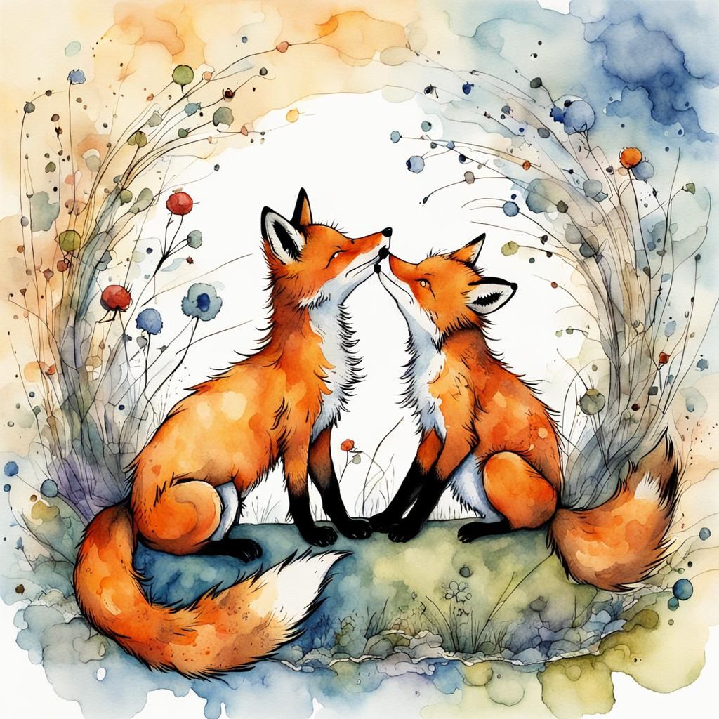 Fox Cubs Playing: Digital Liquid Ink Watercolor Illustration