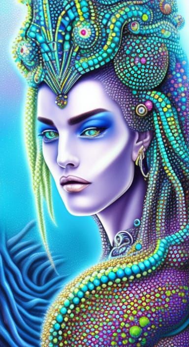 Cyberpunk Mermaid Queen Portrait in Kinetic Pointilism