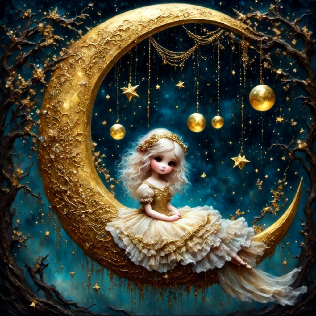 Golden Moon Fairy on Swing in Gothic Dreamscape