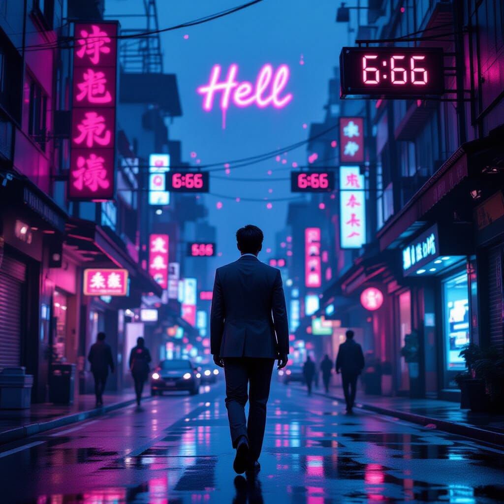 Cyberpunk Wanderer in Neon Dystopian City