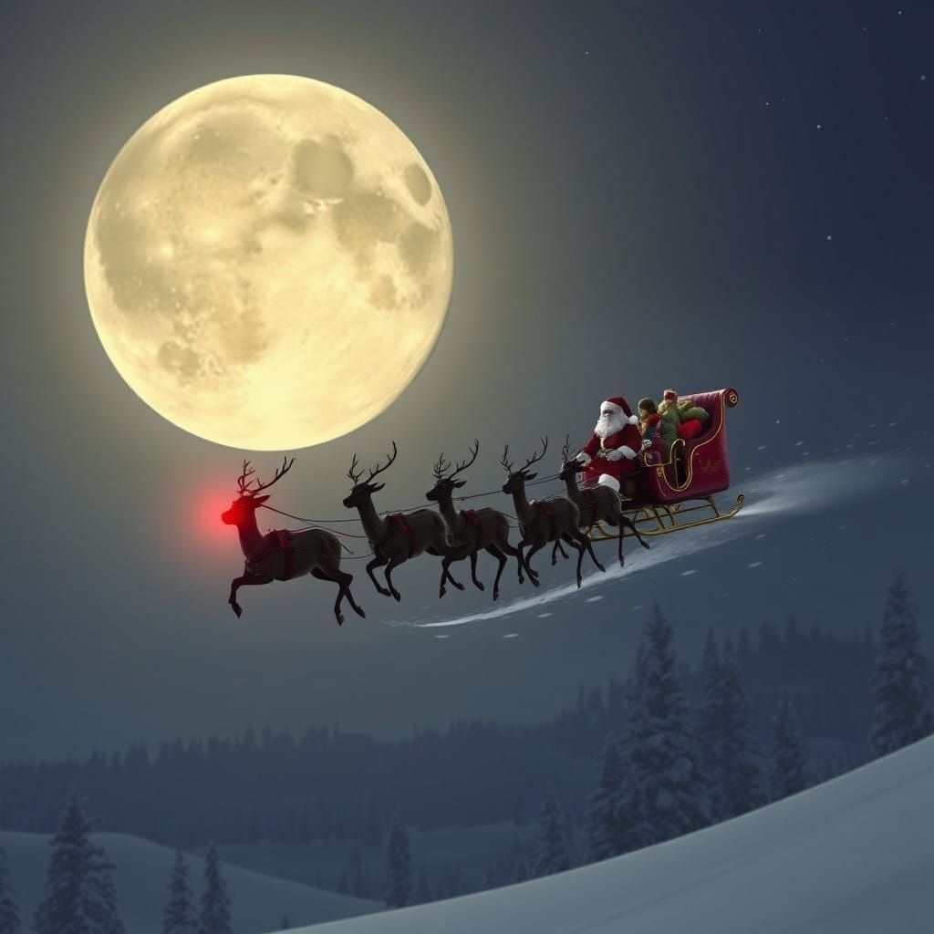 Classic Winter Scene of Santa's Sleigh and Reindeer in Fligh...