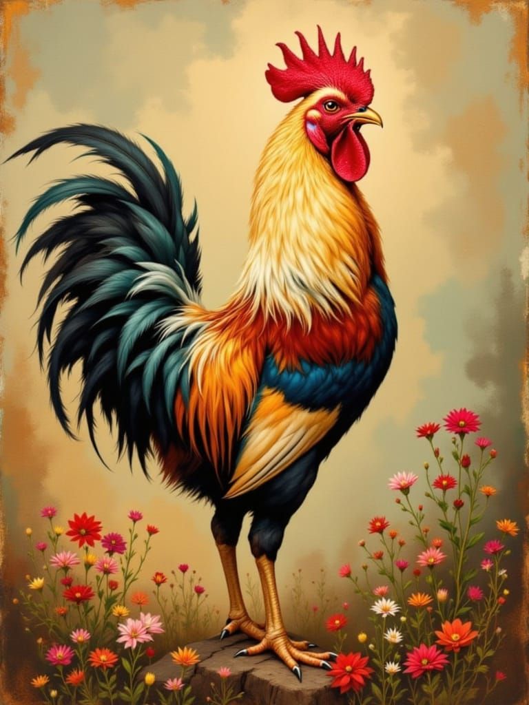 Vibrant Rooster Portrait in Oil Painting Style