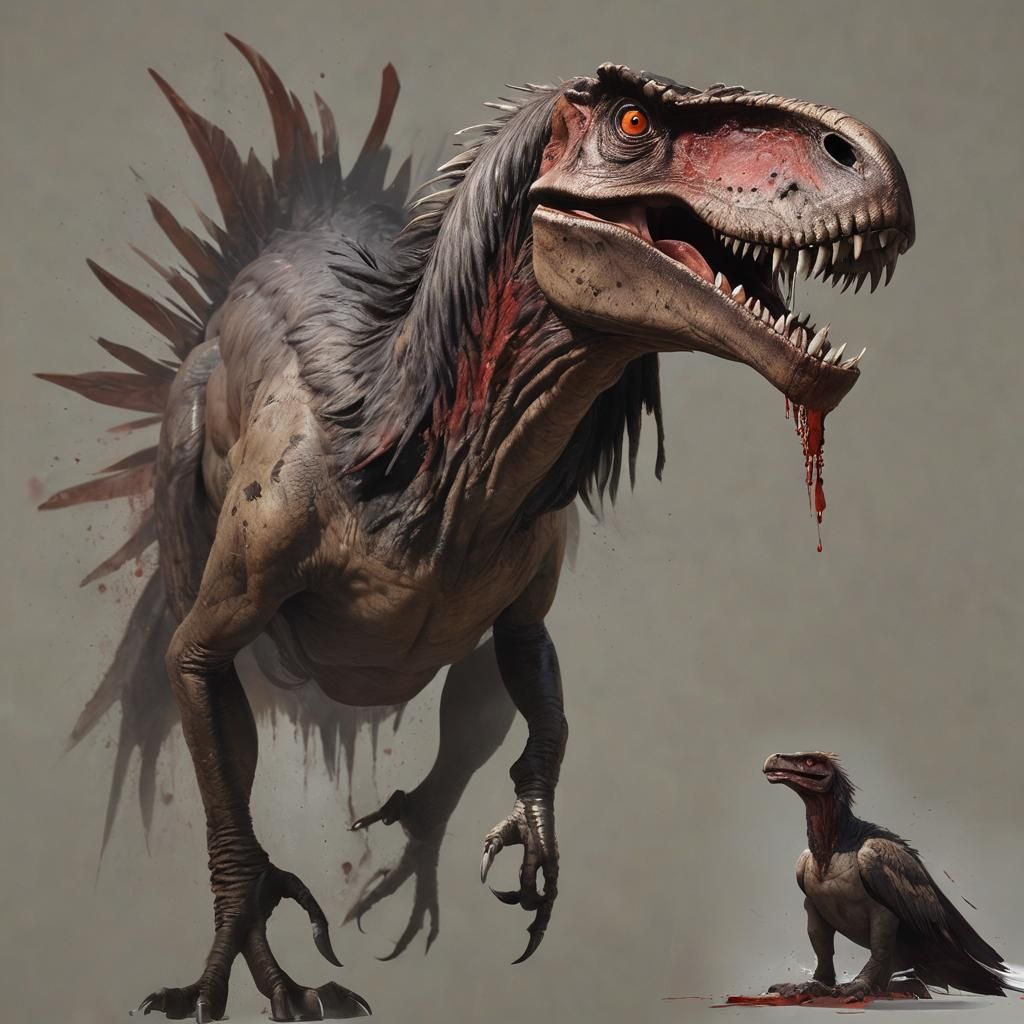 A 3D render of a T. rex with vulture-like features. The crea...