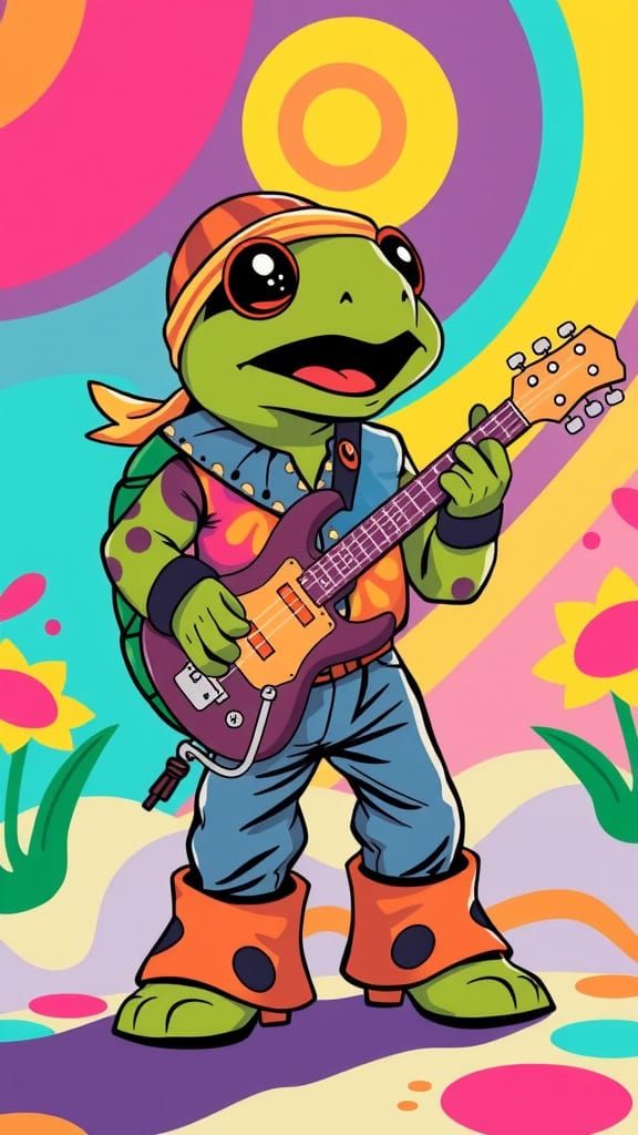 Groovy Hippie Turtle Guitarist in Psychedelic Pop Art
