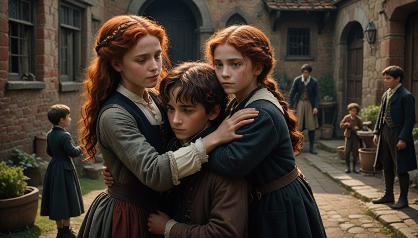 A Red-Haired Jewish Woman Embraces Two Brothers in a Vibrant...