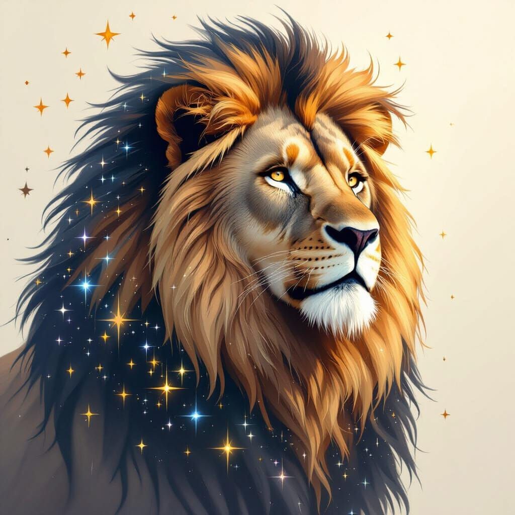 Lion with Mane of Stars in Mystical Realism Style