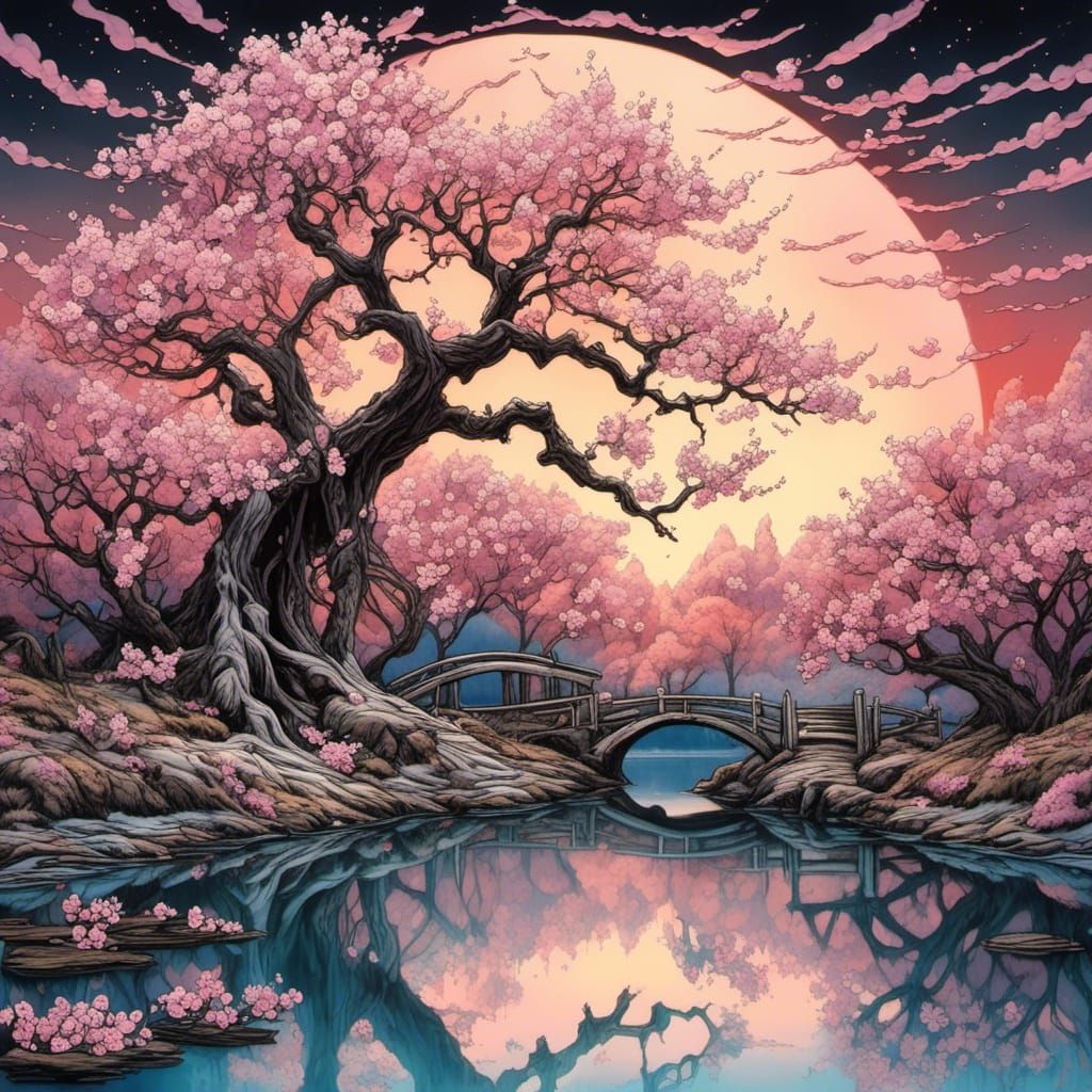 Cherry Blossom Tree at Sunrise, Fantasy Art