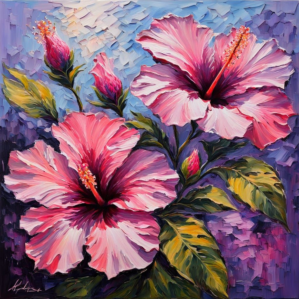 Pink Hibiscus Flowers as Impasto Painting