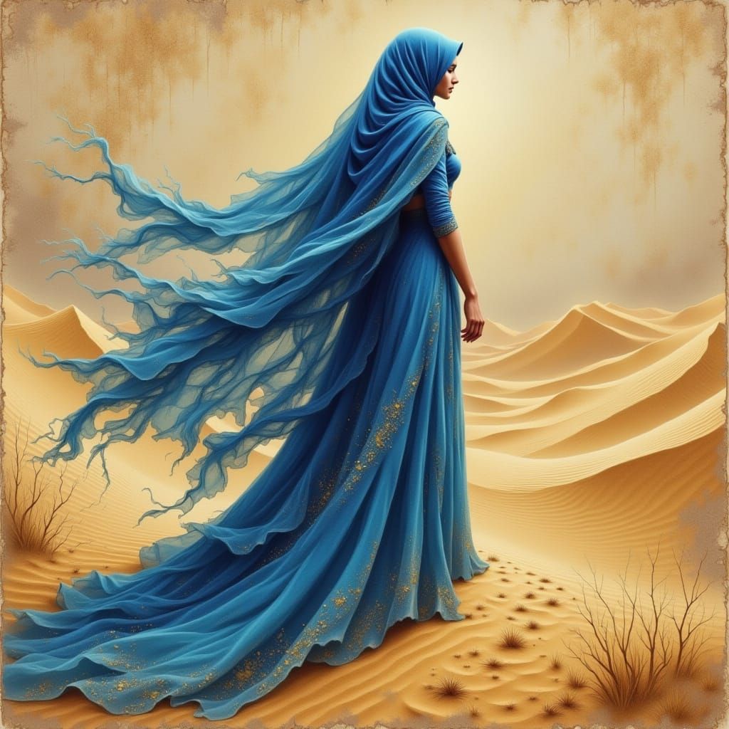 Desert Queen in Indigo Veil, Watercolor Style