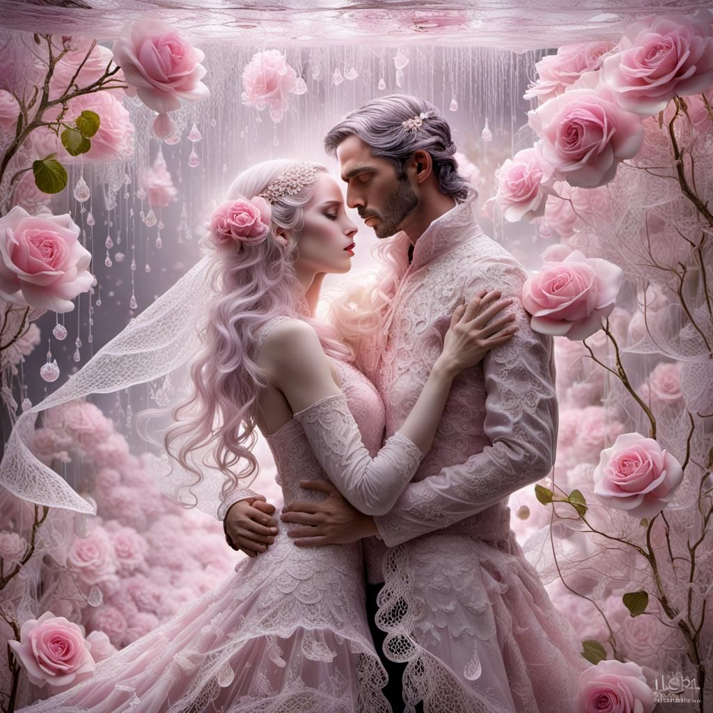 Ethereal Pink Dreamscape with Lace and Rain