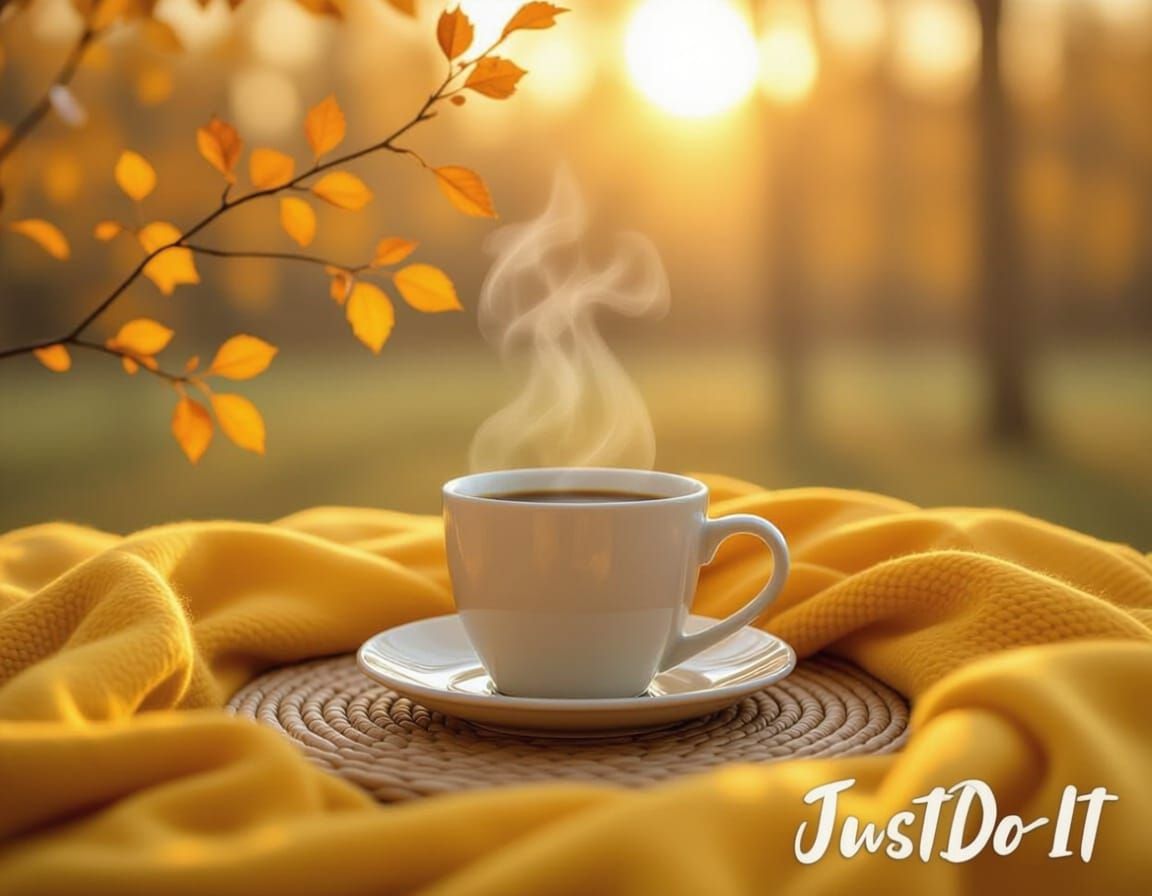 Cozy Autumn Morning Coffee with Golden Leaves and Soft Light