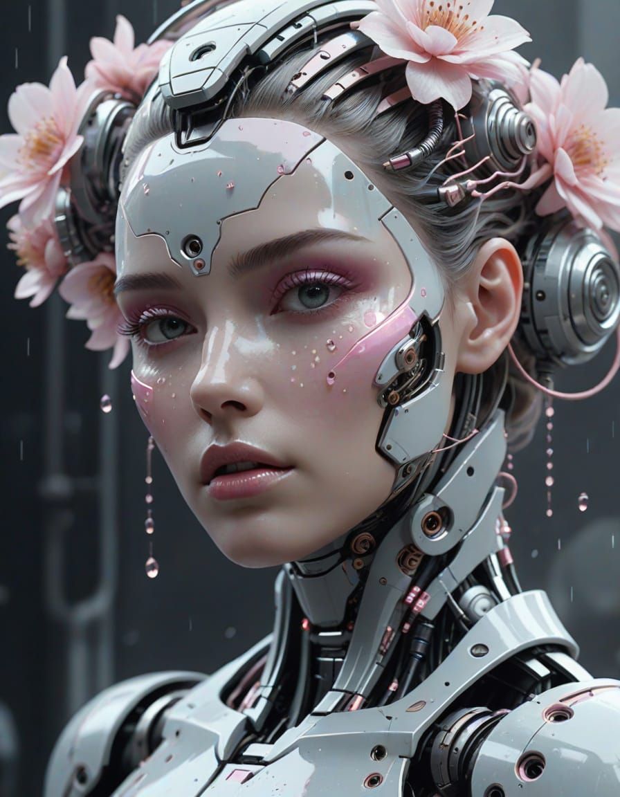 Robot Woman Smelling Flower in Ethereal Digital Painting