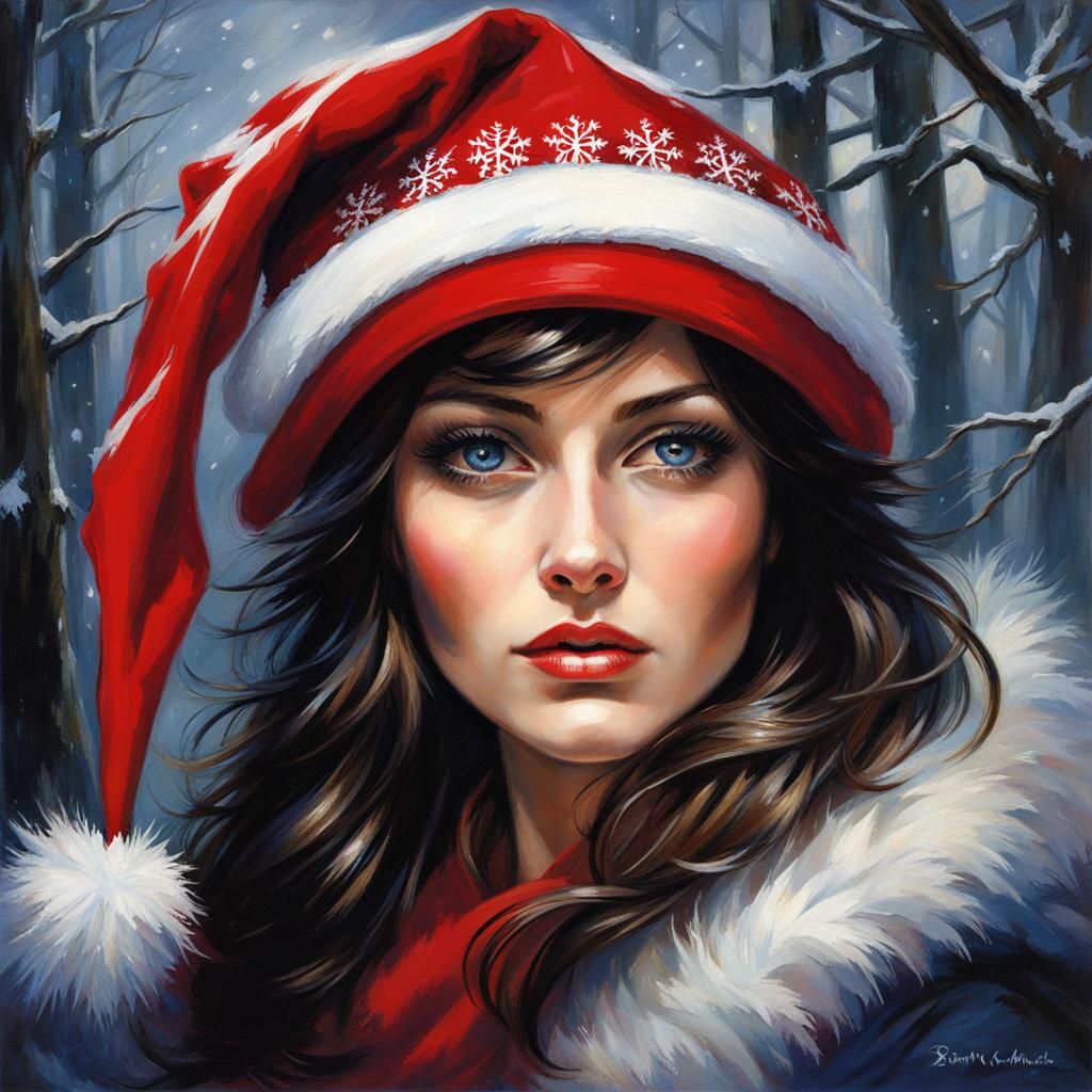 Brunette Woman in Santa Hat: Christmas Portrait