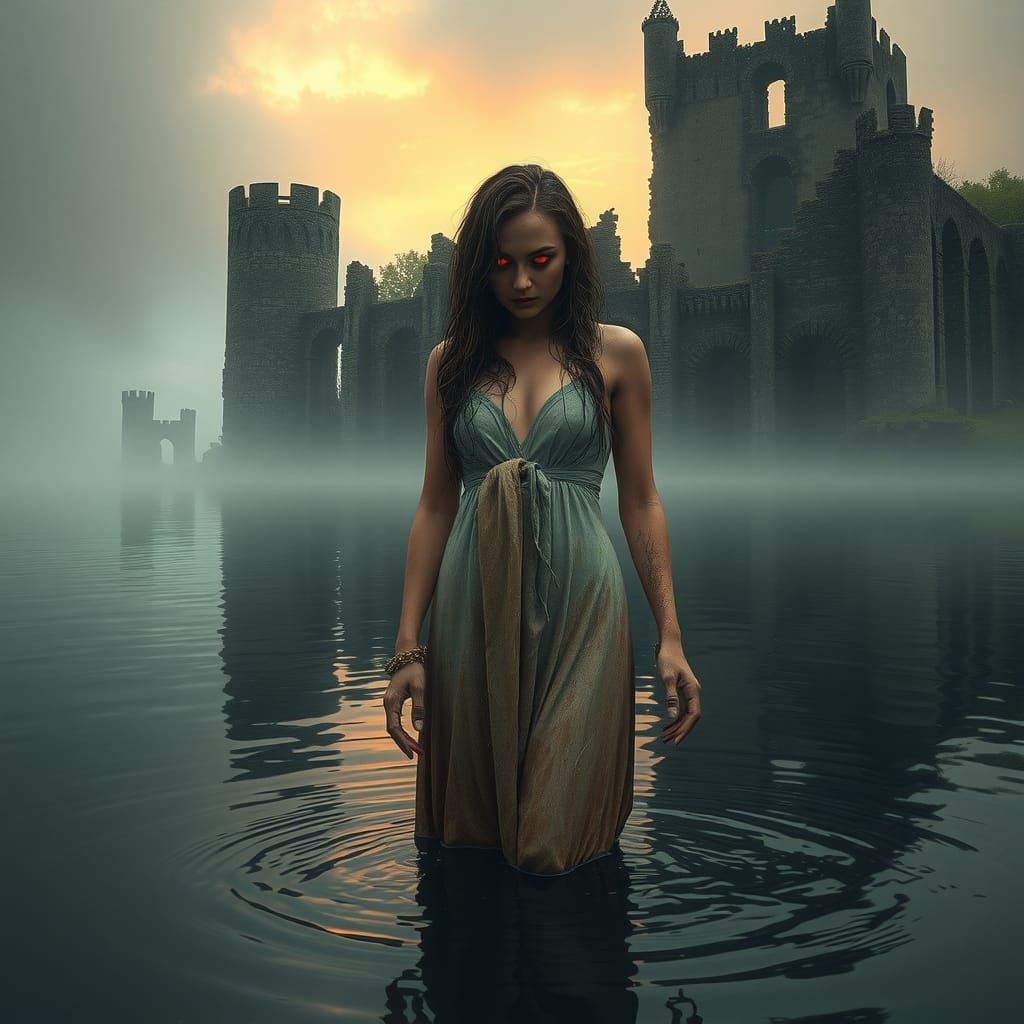 Haunting Woman in Murky Lake, Dark Fantasy Style