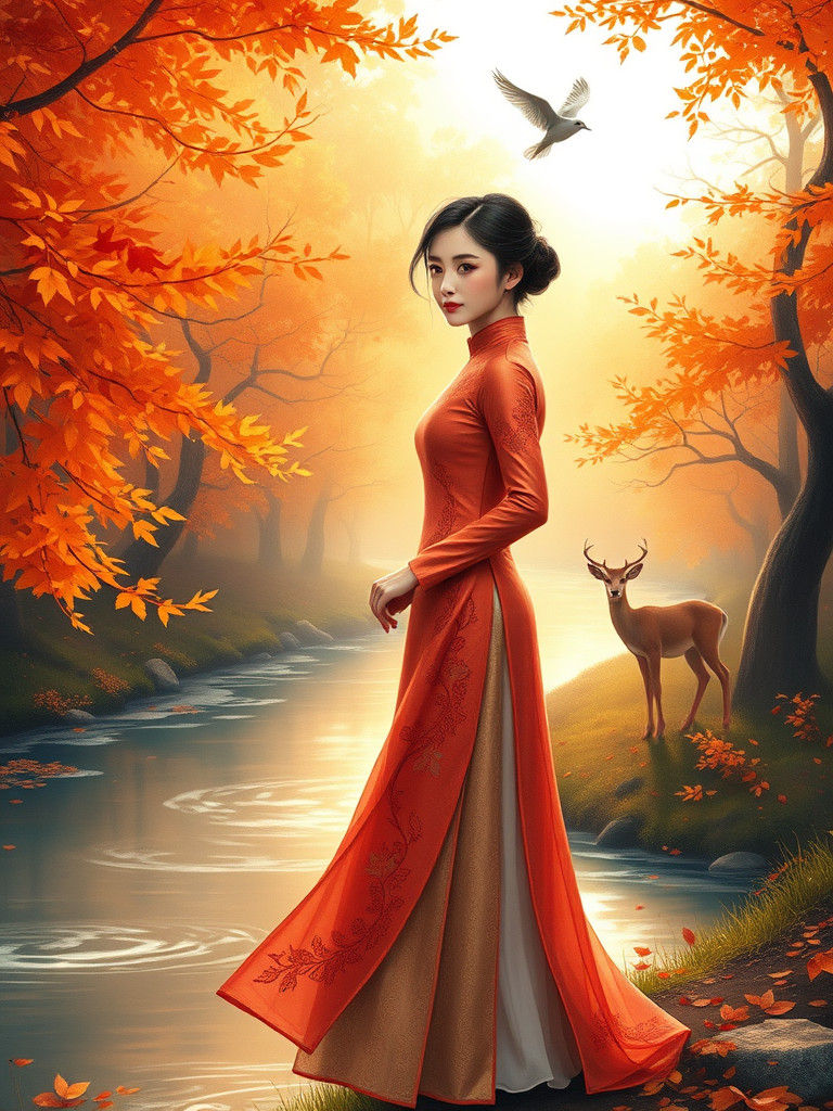 Vietnamese Woman in Áo Dài by Stream, Impressionist Style