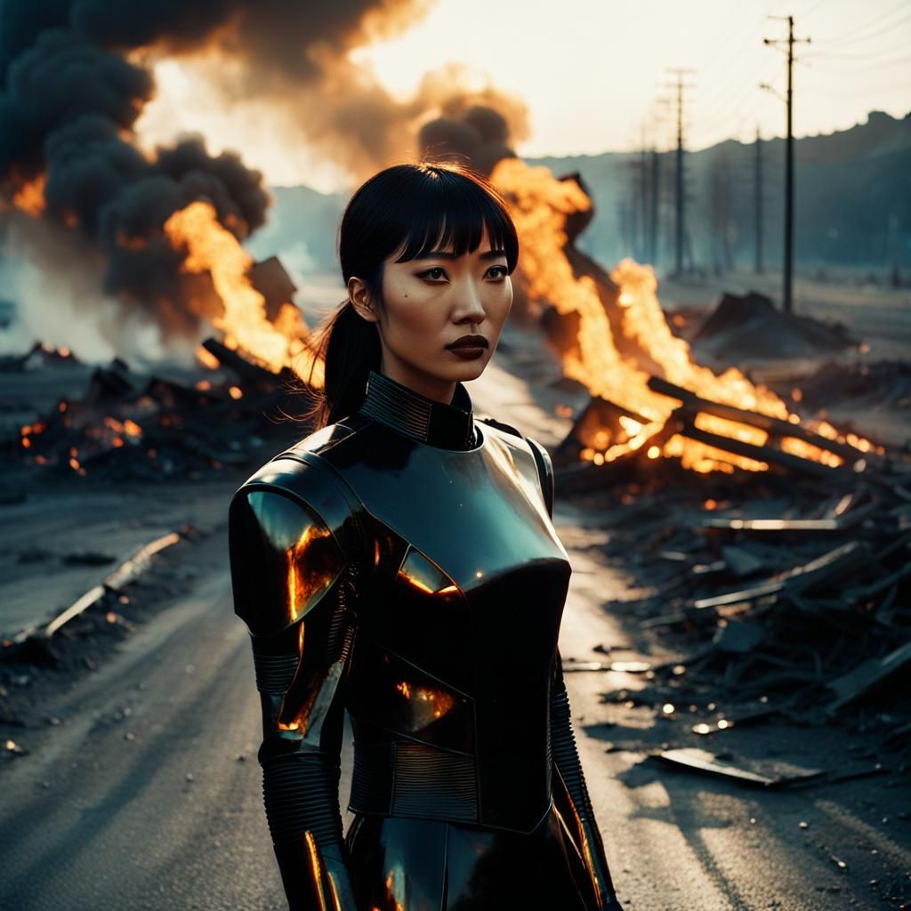 Futuristic Warrior Amidst Ruin, in Cyberpunk Style