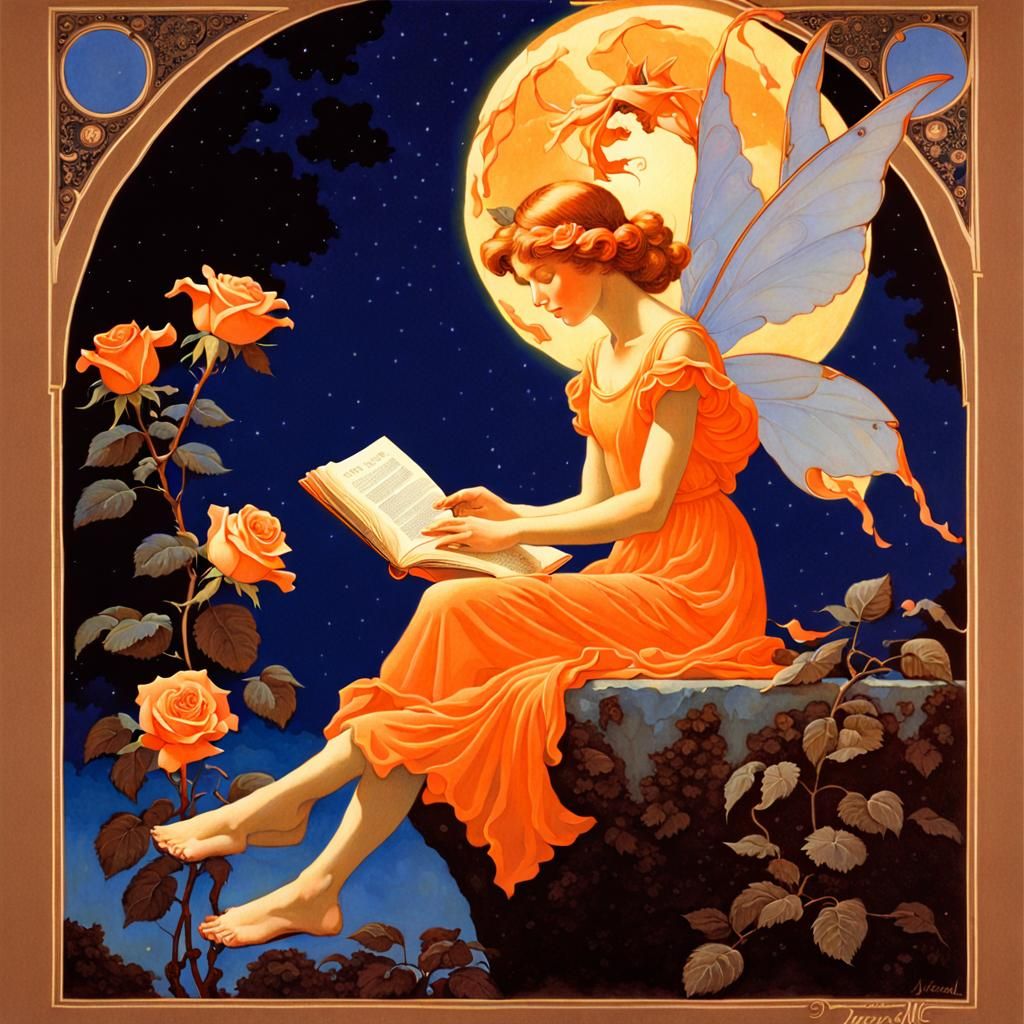 Orange Fairy Reading in Rose, Surreal Moonlight