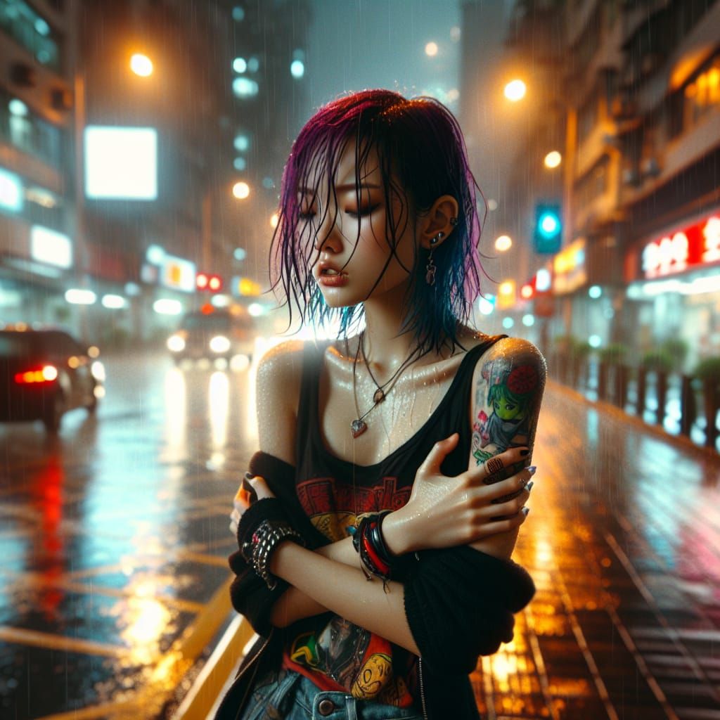 Punk Girl Walks Home in Rainstorm