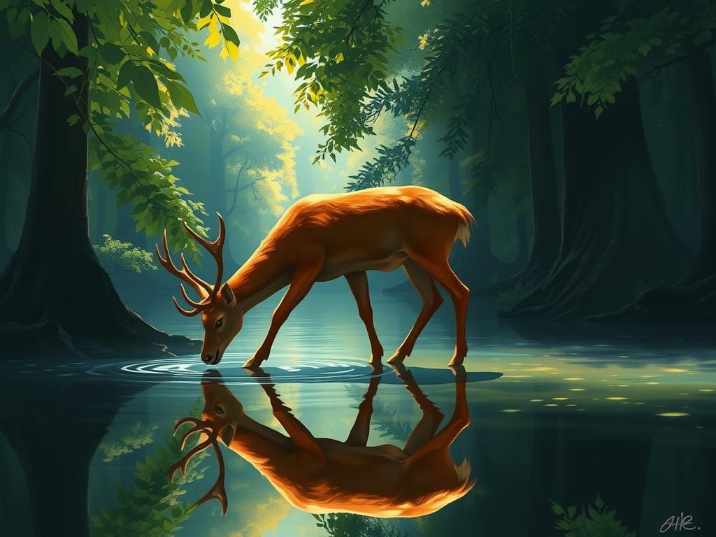 Deer Drinking: Impressionistic River Scene