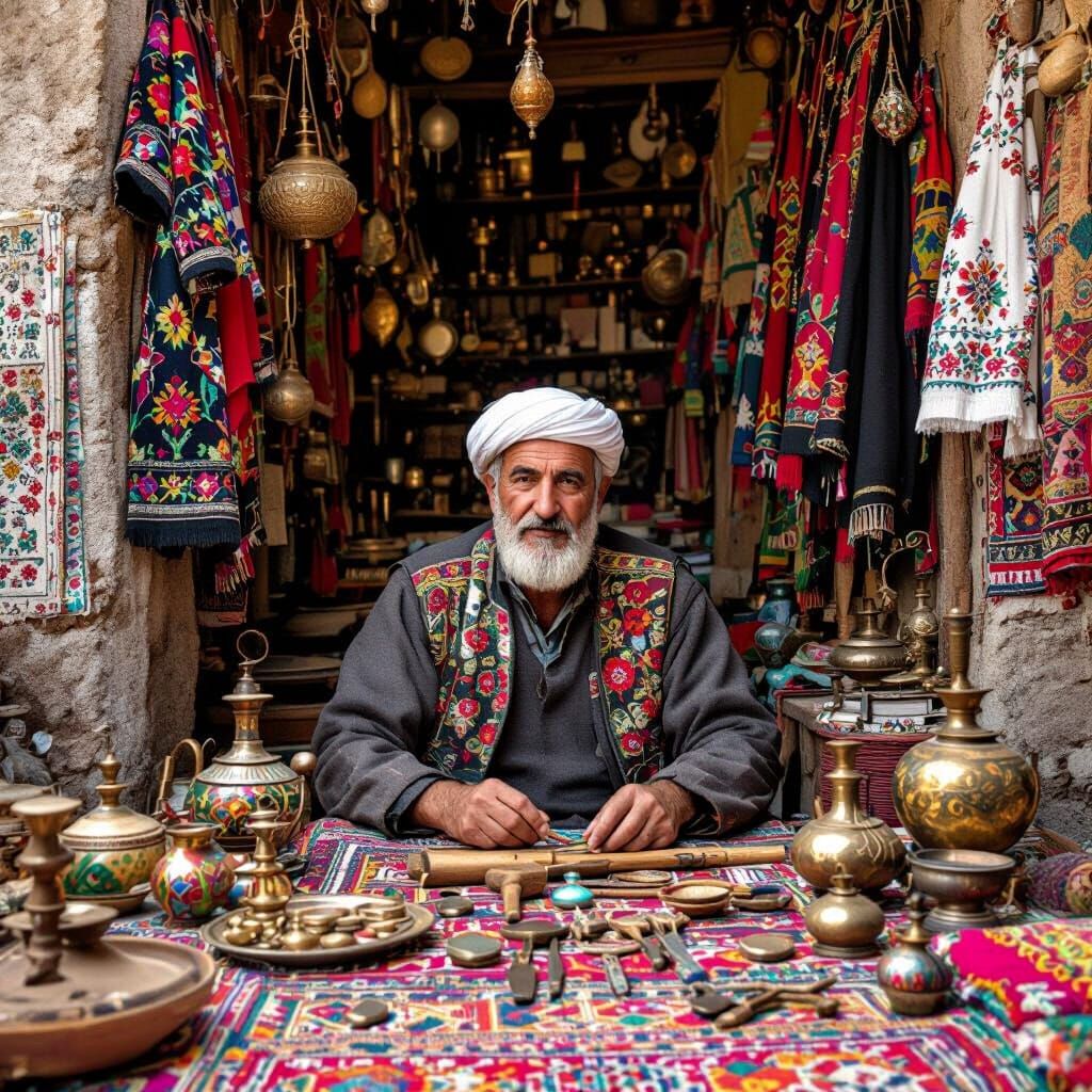 Palestinian Craftsman Surrounded by Traditional Artifacts