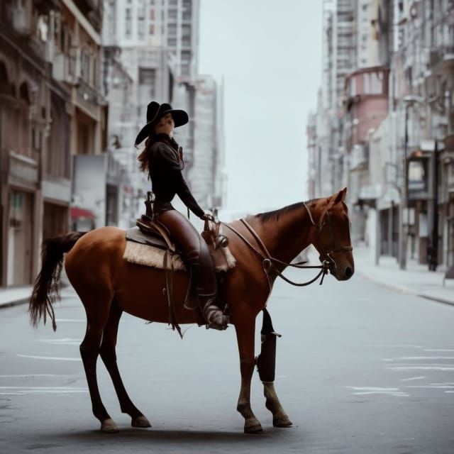 Cowgirl Rides Futuristic Horse in Deserted City