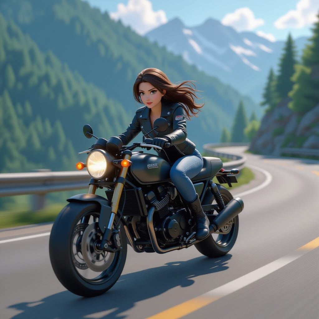 Girl on Motorbike in Anime Style Mountain Scenery