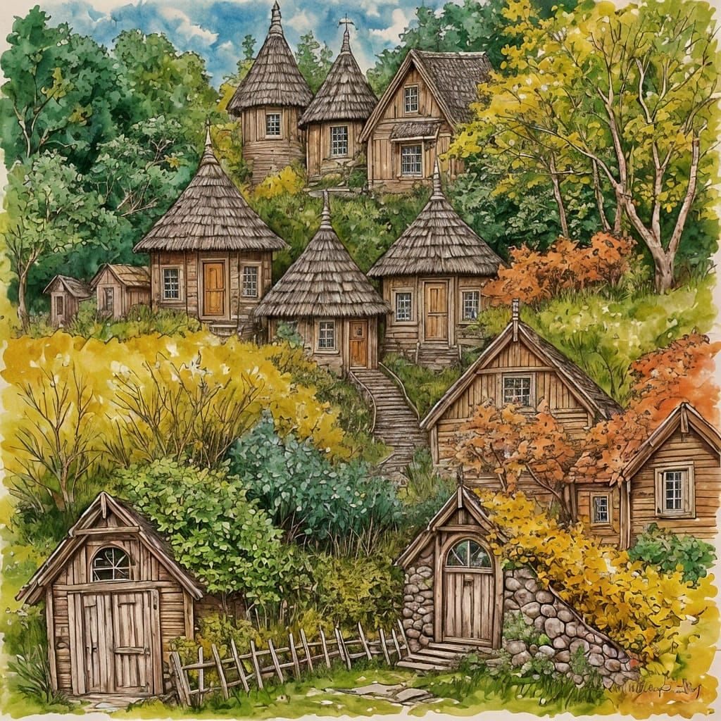 Enchanted Hobbit Village: Indian Ink Fairytale Painting