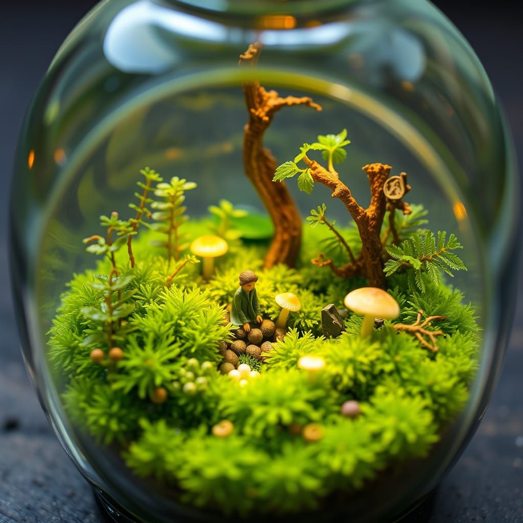 Whimsical Miniature Terrarium Scene in Dreamy Watercolor Sty...