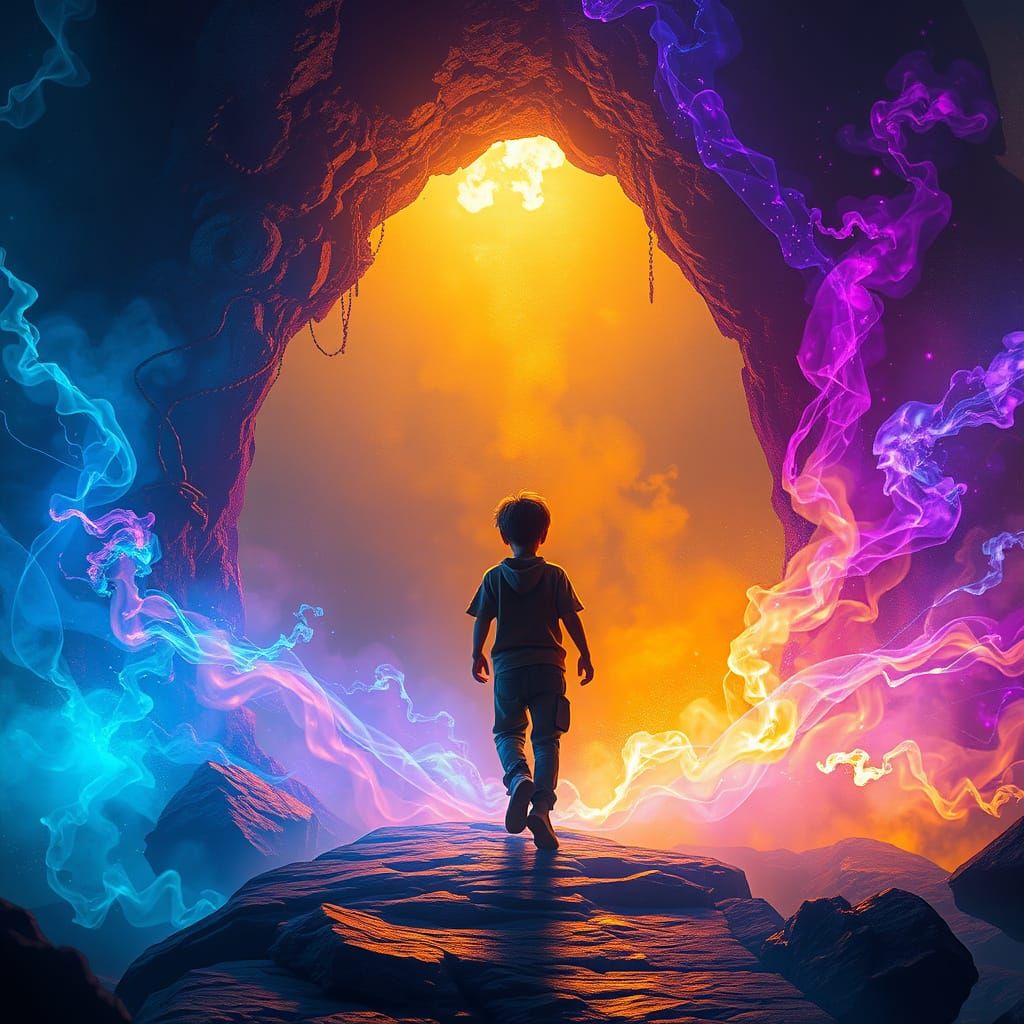 Young Boy Enters a Vibrant, Golden Portal in an Ethereal, El...