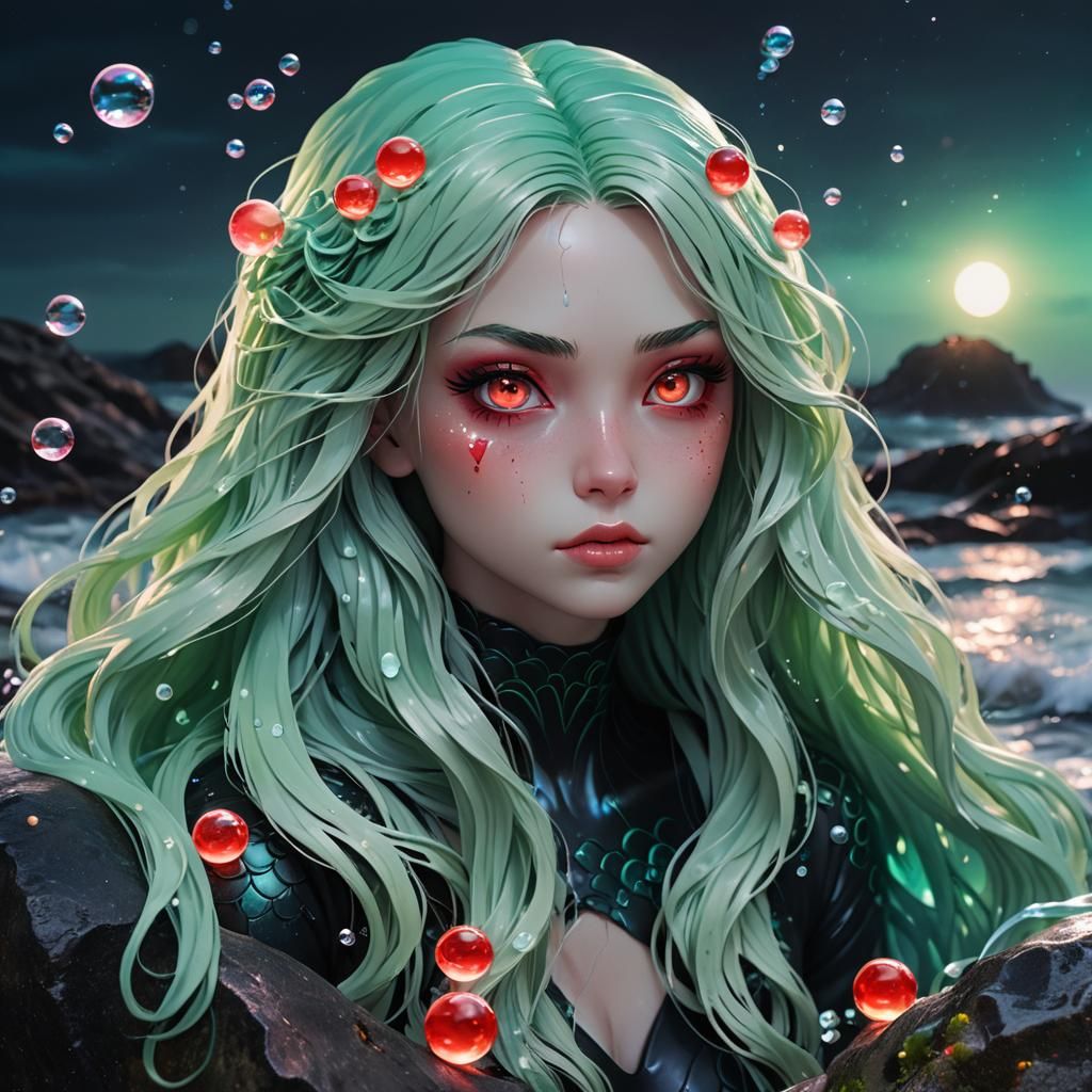 Anime Mermaid with Red Eyes in Neon Light