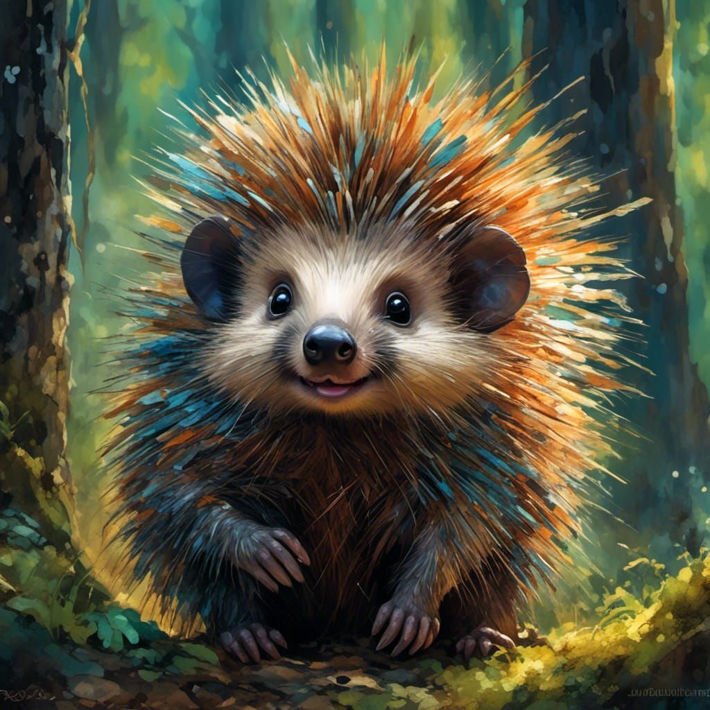 Adorable Baby Porcupine in Colorful Forest