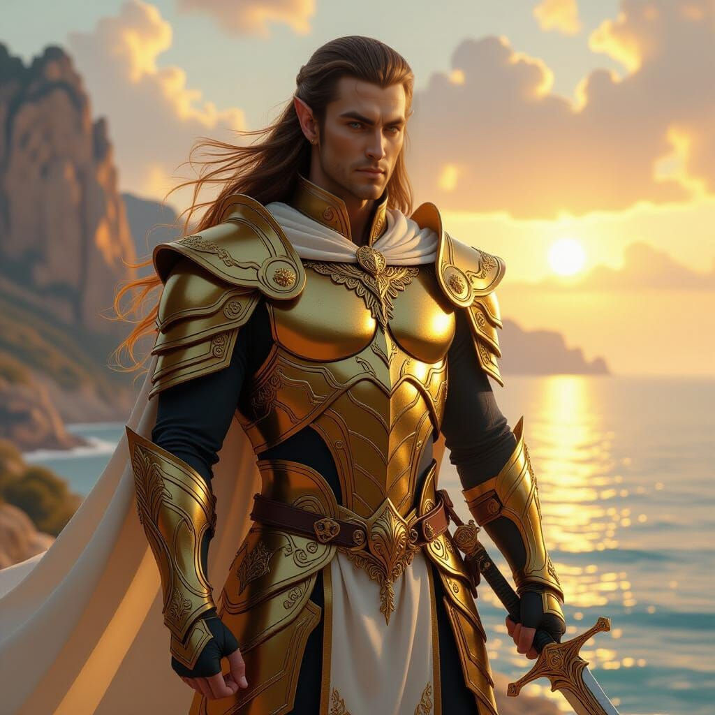 Golden Elven Swordsman on Scenic Coast