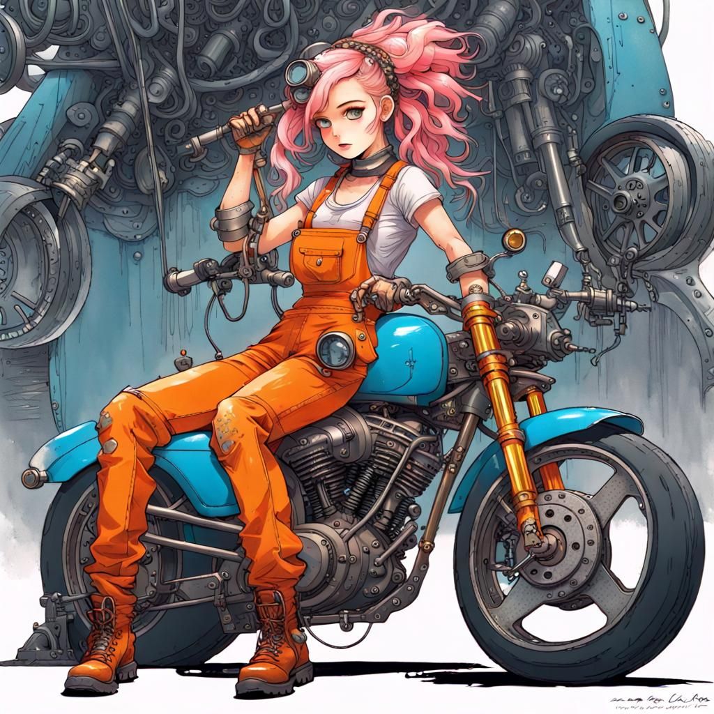 Steampunk Mechanic Girl Repairs Chopper Bike