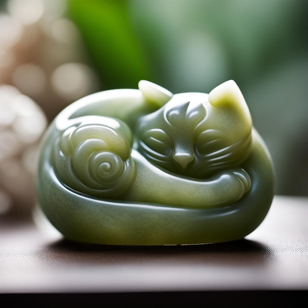 Jade Cat Sculpture in Natural Light
