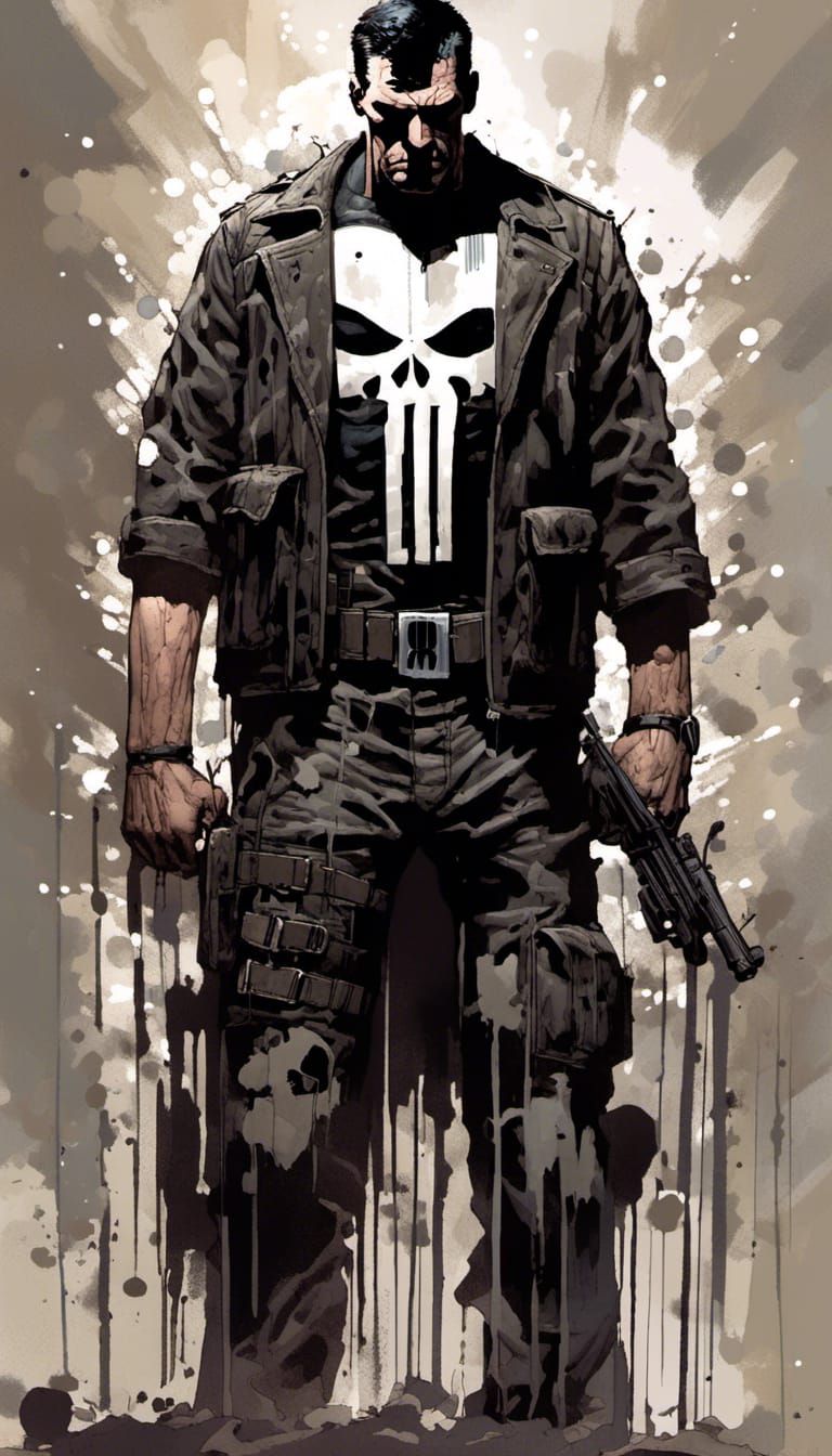 The Punisher by Dave Seguin, moody, macabre, Marvel comics character fan art, epic <lora:Character X:1.0>