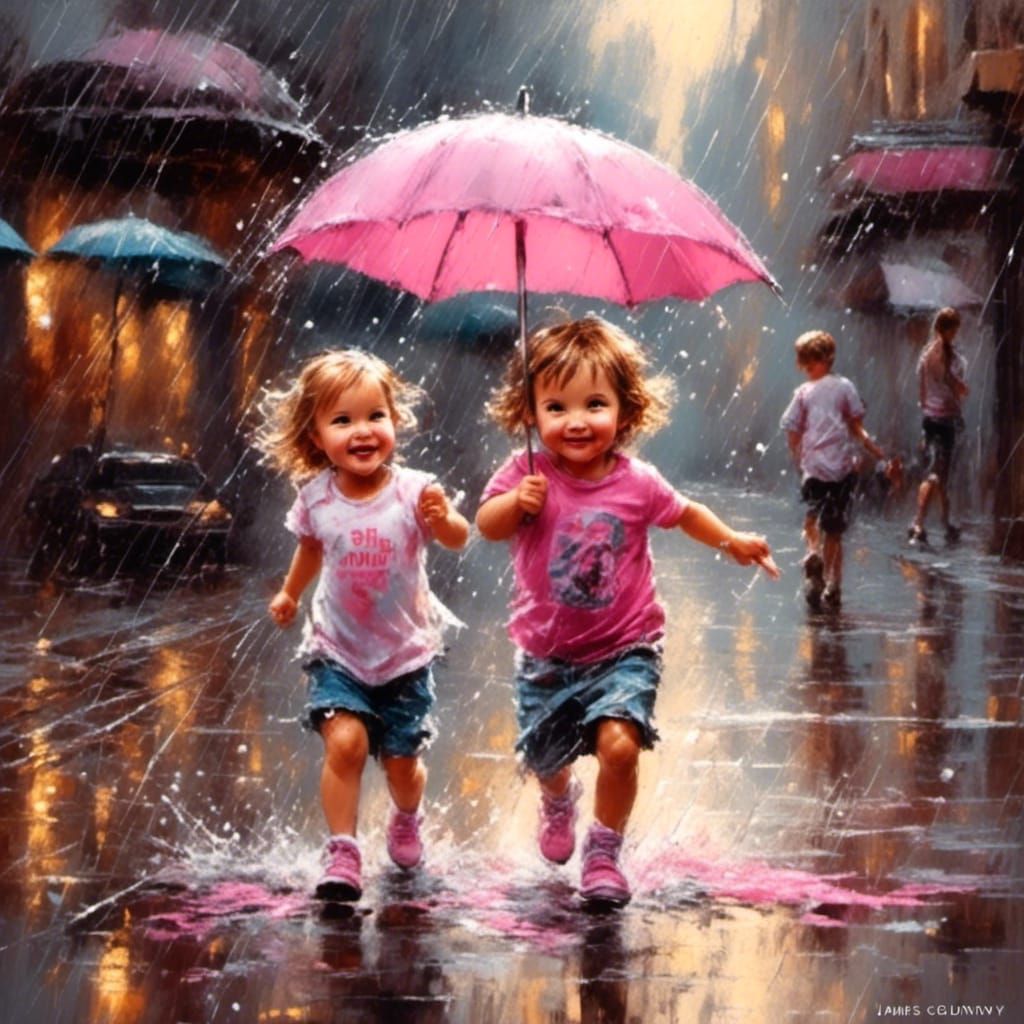 Happy Toddler Playing with Umbrella, Chalk Art Style