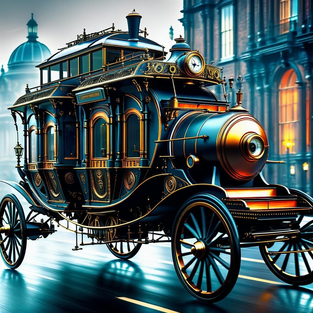 Steampunk Flying Carriages in a Futuristic Era