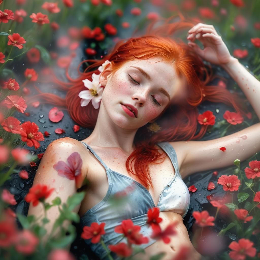 Red-Haired Woman in Rainy Flower Field: Macro Photography