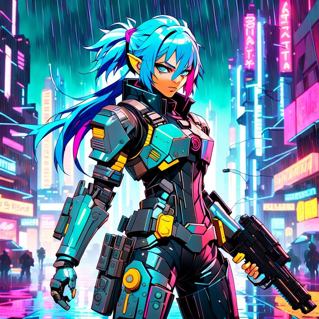 Futuristic Bounty Hunter in Neon Cityscape, 2.5D Anime Style