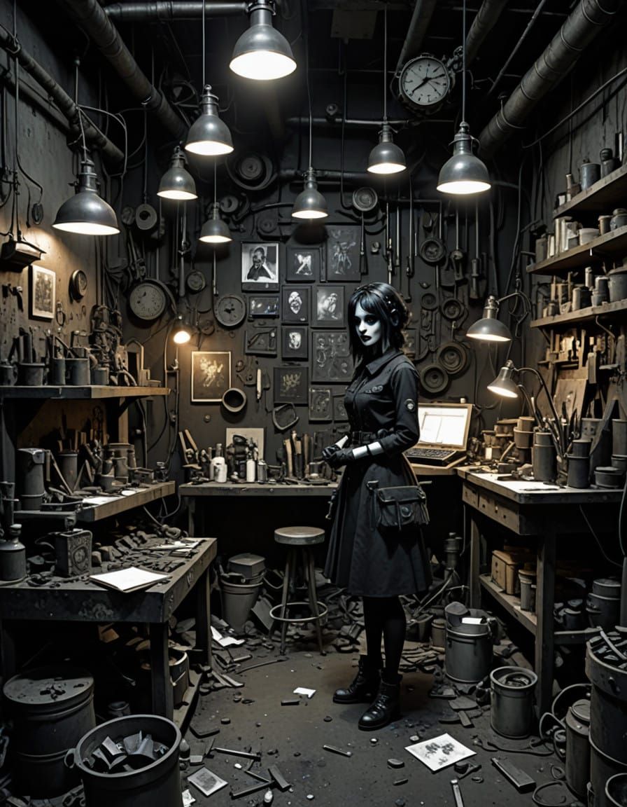 Gothic Industrial Goddess Amidst Charcoal Factory Chaos