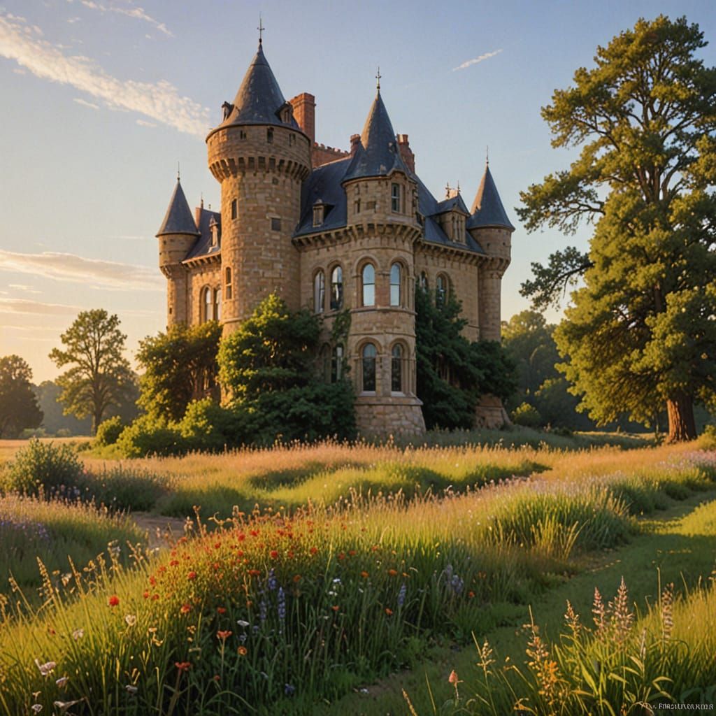 Castle Turret in Golden Hour Meadow, Impressionist Oil Paint...