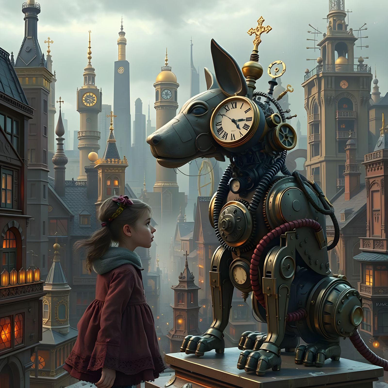 Steampunk Robot Dog Helping Lost Girl