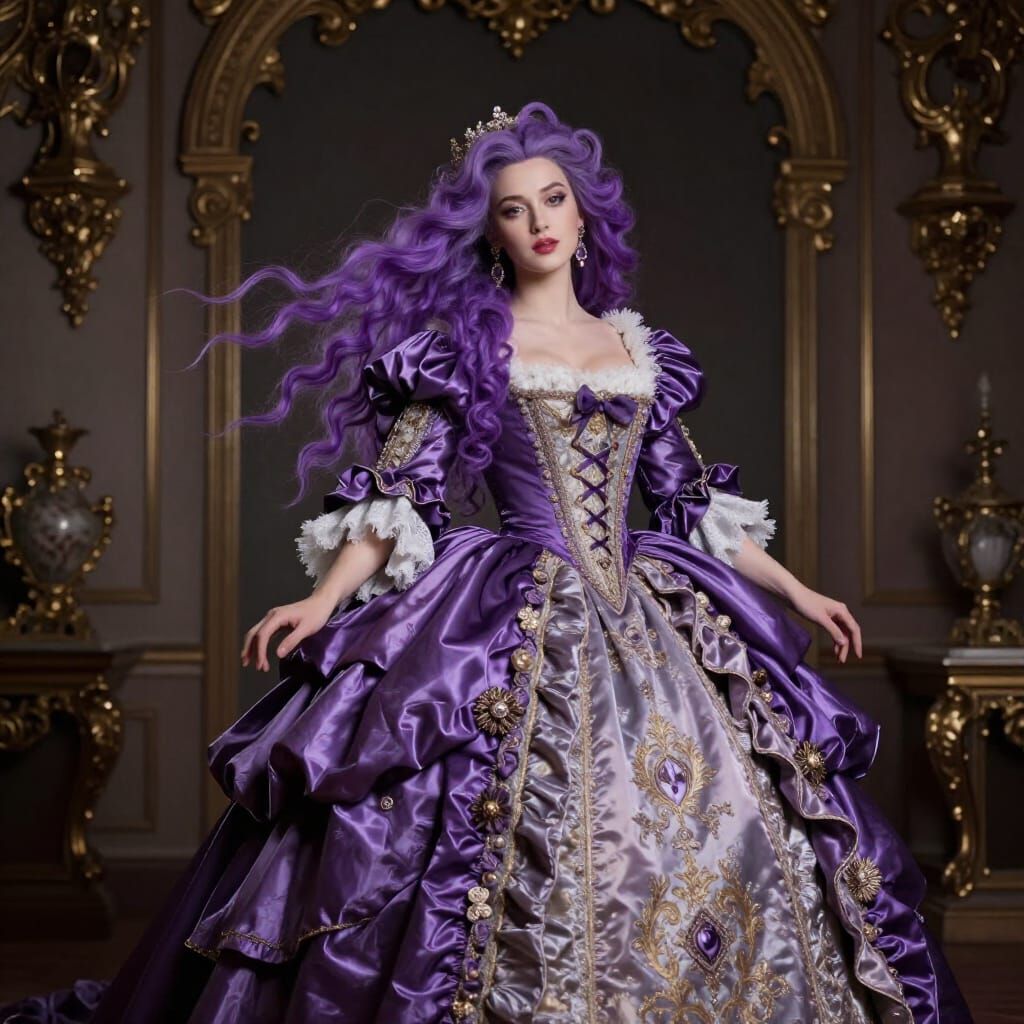 Baroque Woman in Dramatic Lighting and Purple Gown