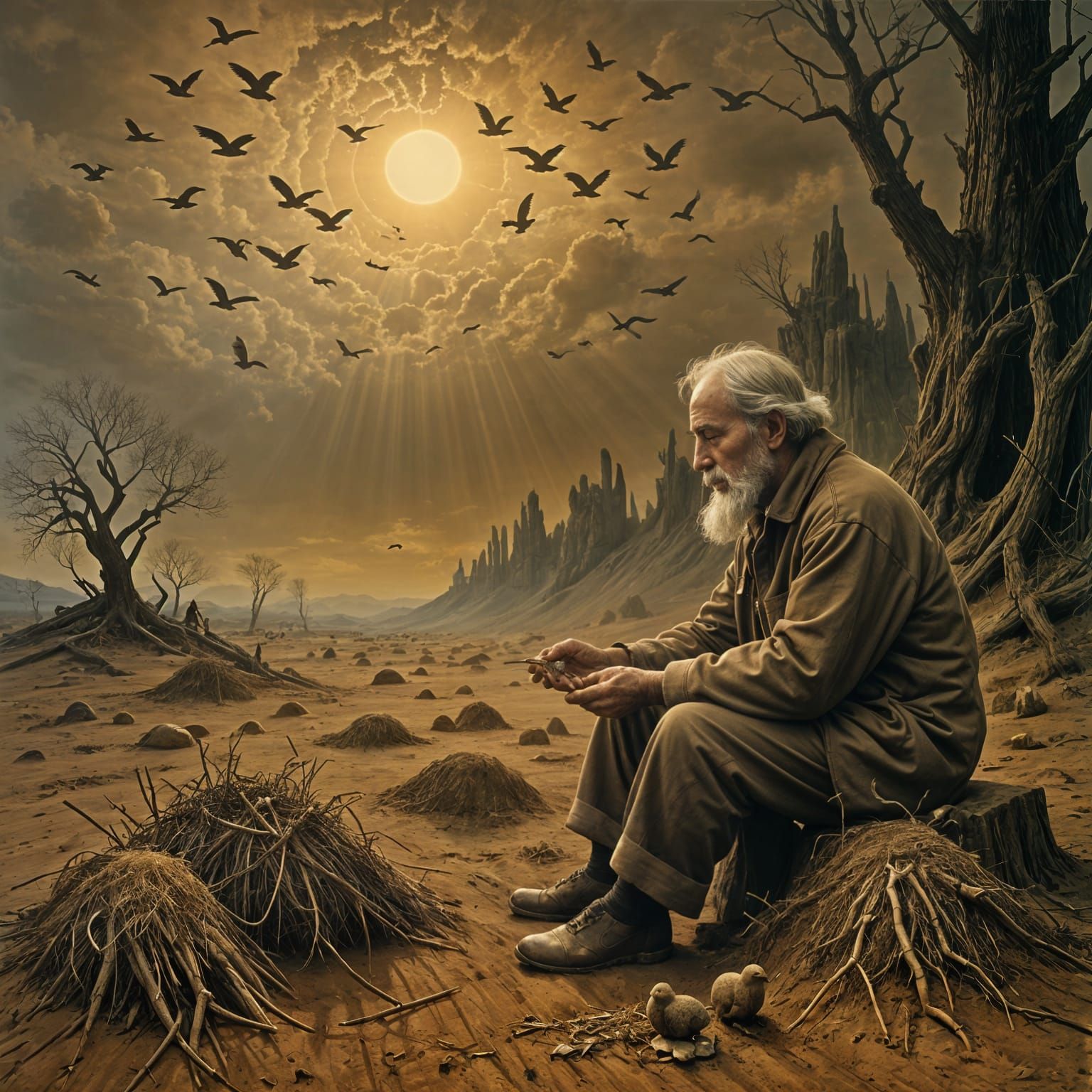 Man Creates Whimsical Clay Birds in Soft Focus Heavenly Ligh...