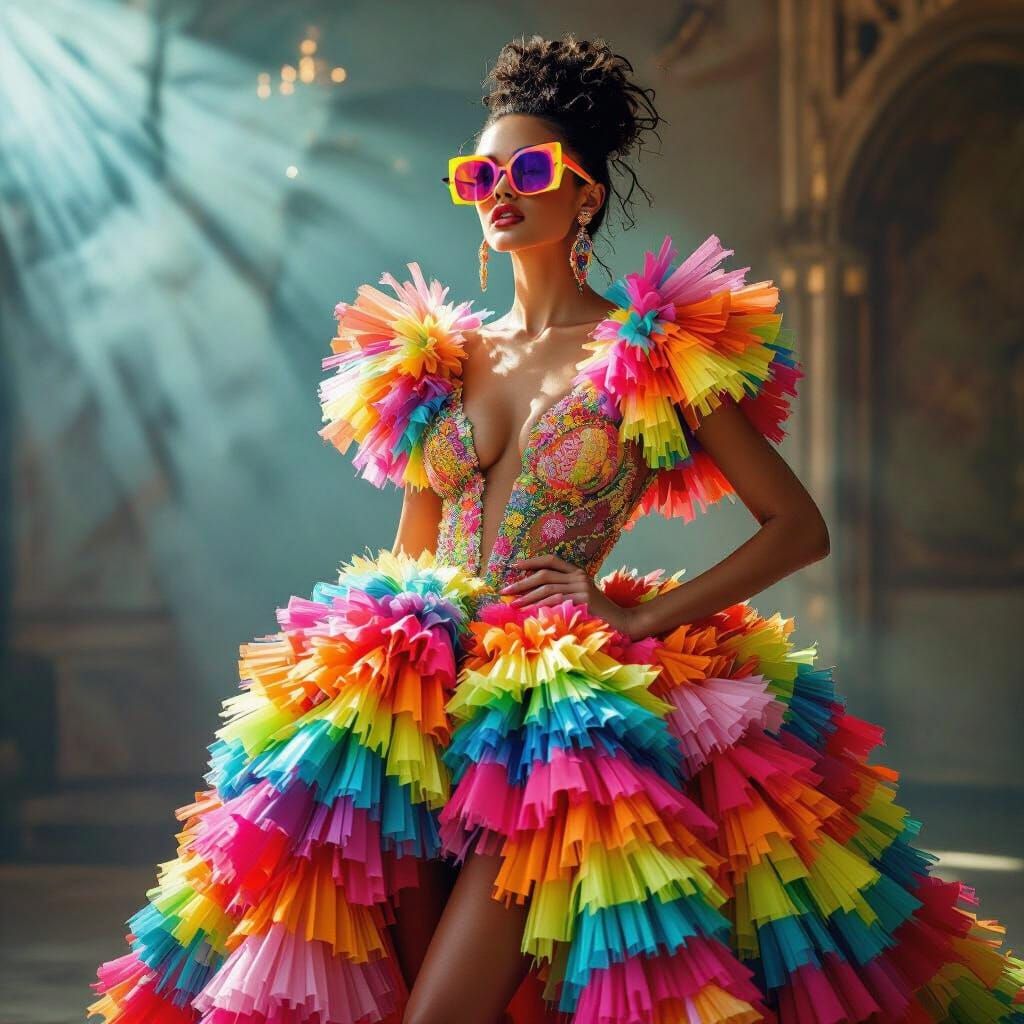 Neon Pom-Pom Dress in Haute Couture Editorial Style