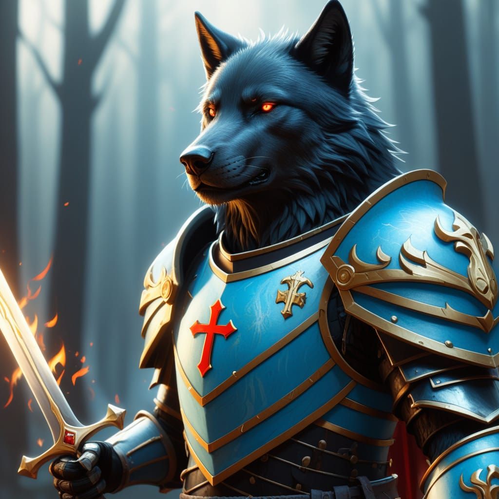 Armored Black Wolf with Flaming Sword, Digital Art
